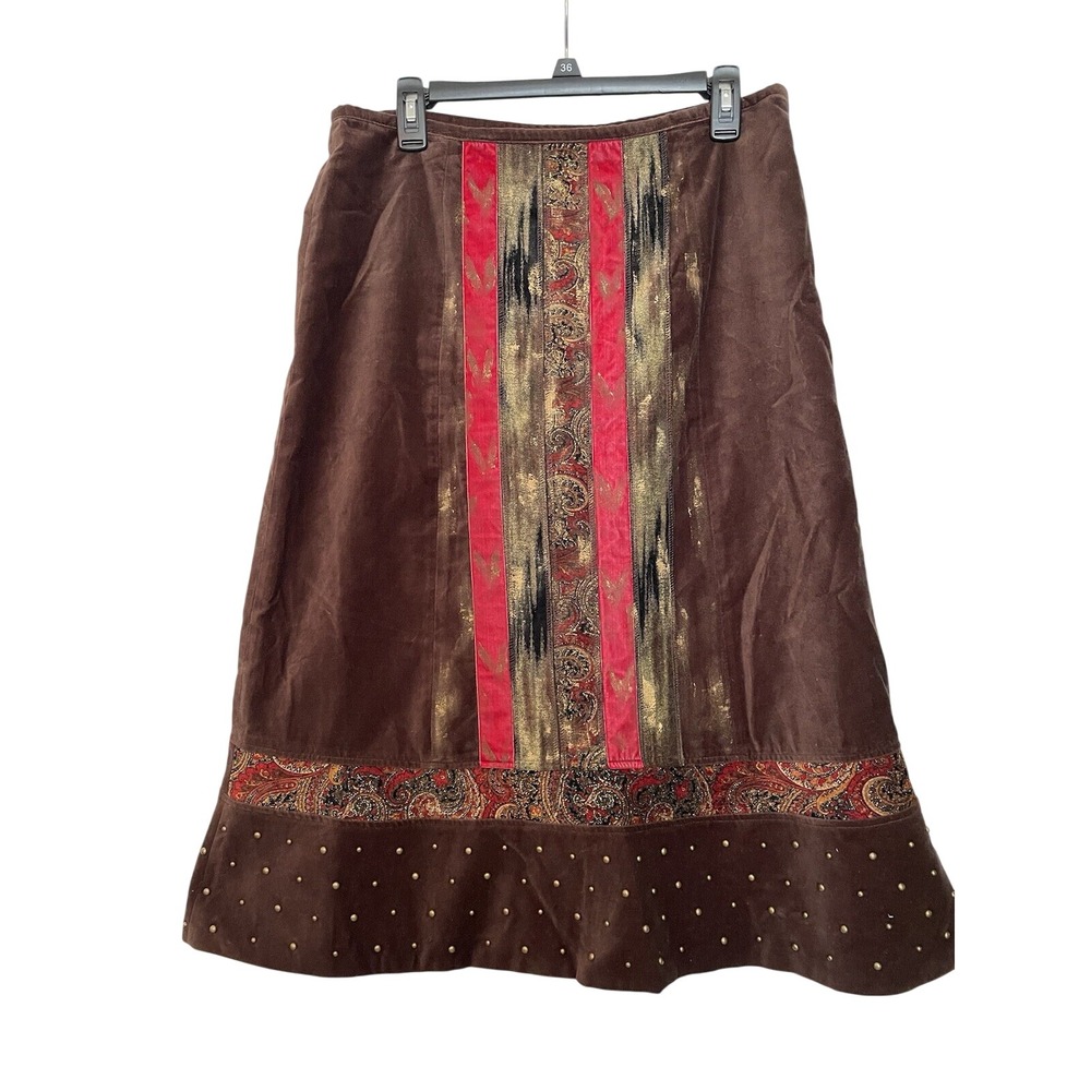 Spanner Vintage Midi Skirt Size 10 Brown Red Rhinestone Trim Hippie Old Money